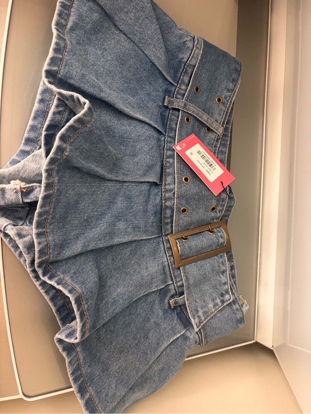 Edikted Light Blue Denim Pleated Mini Skort with Buckle